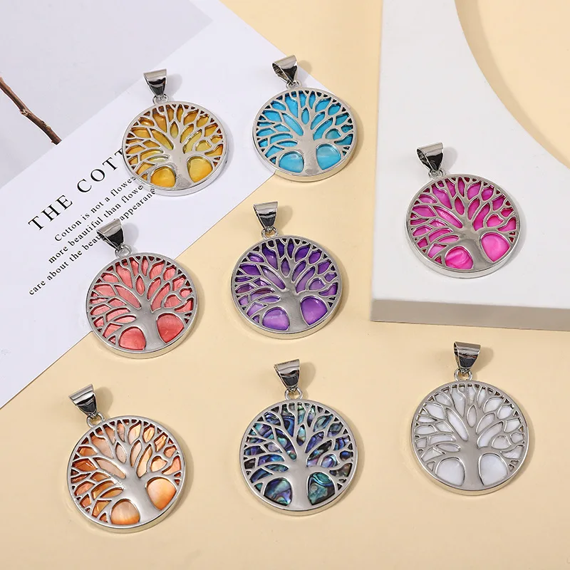 

Natural Shell Tree of Life Pendant Metal Inlaid Abalone Shell Colorful Shell Charm Jewelry Necklace Accessories for Women Gift