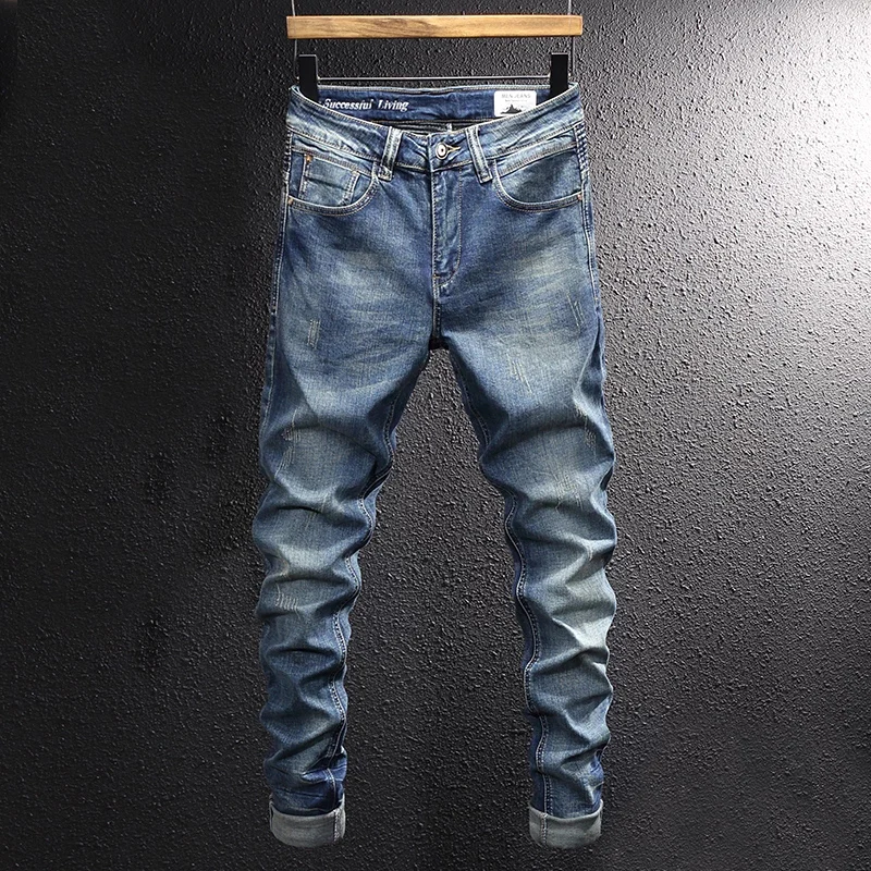 

Streetwear Fashion Men Jeans Retro Blue Elastic Slim Fit Ripped Jeans Men Trousers Patches Designer Vintage Casual Denim Pants