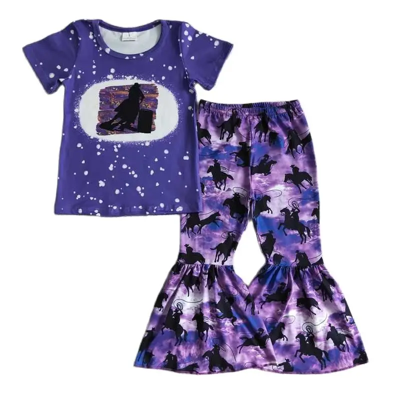 

GSPO0203 Baby Girl Clothes Fashion Purple Short Sleeve T-shirt Top And Bell Pants Set 2 Piece Cool Kids Clothes Girl