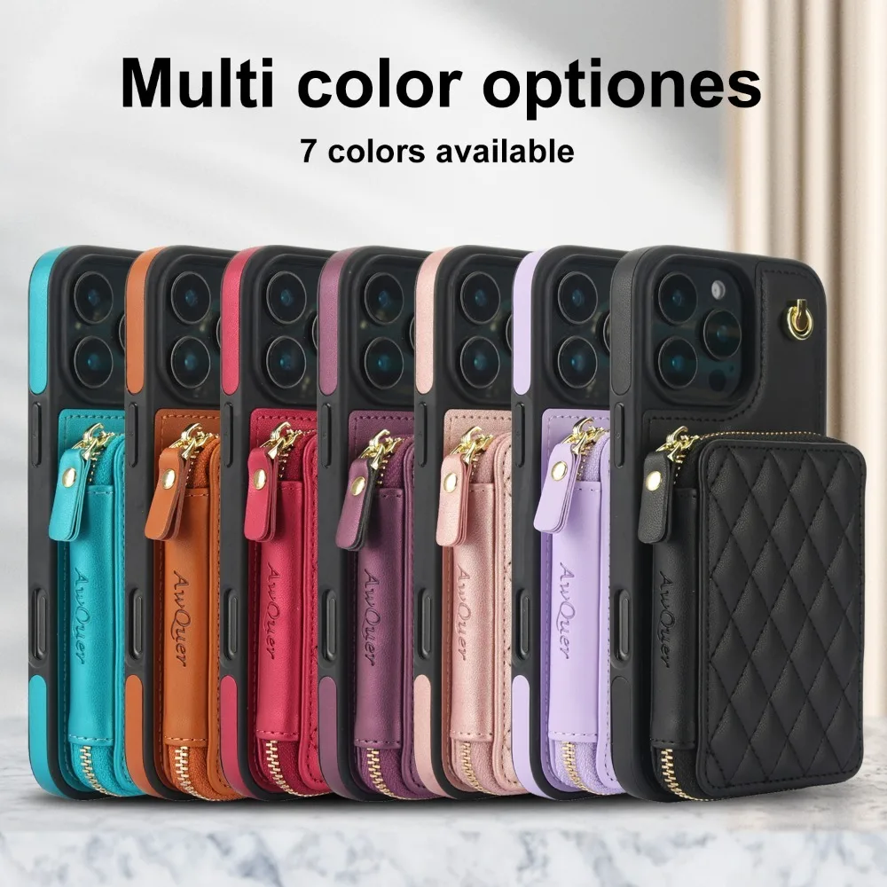 Leather Phone Case for IPhone 16 15 14 Plus 13 12 11 Pro Max XS X 7 8 Crossbody Wrist Strap Zipper Wallet with Card Holder Cover