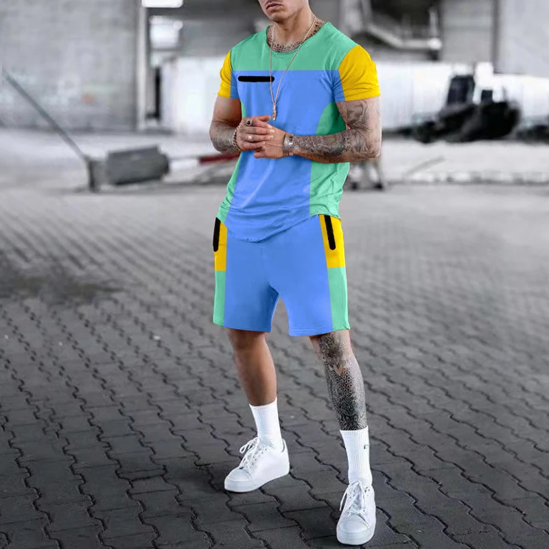 Fashion Men's tshirt Set Cotton Print Streetwear Short Sleeve Casual Shorts Casual Two Piece Suit Solid Color