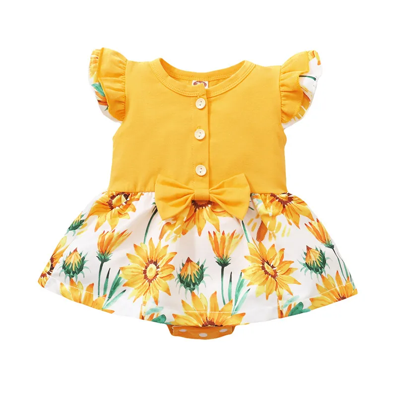

Baby Floral Print Short Romper with Bow-knot Girls Sleeveless O-neck Jumpsuit with Ruffles for Summer