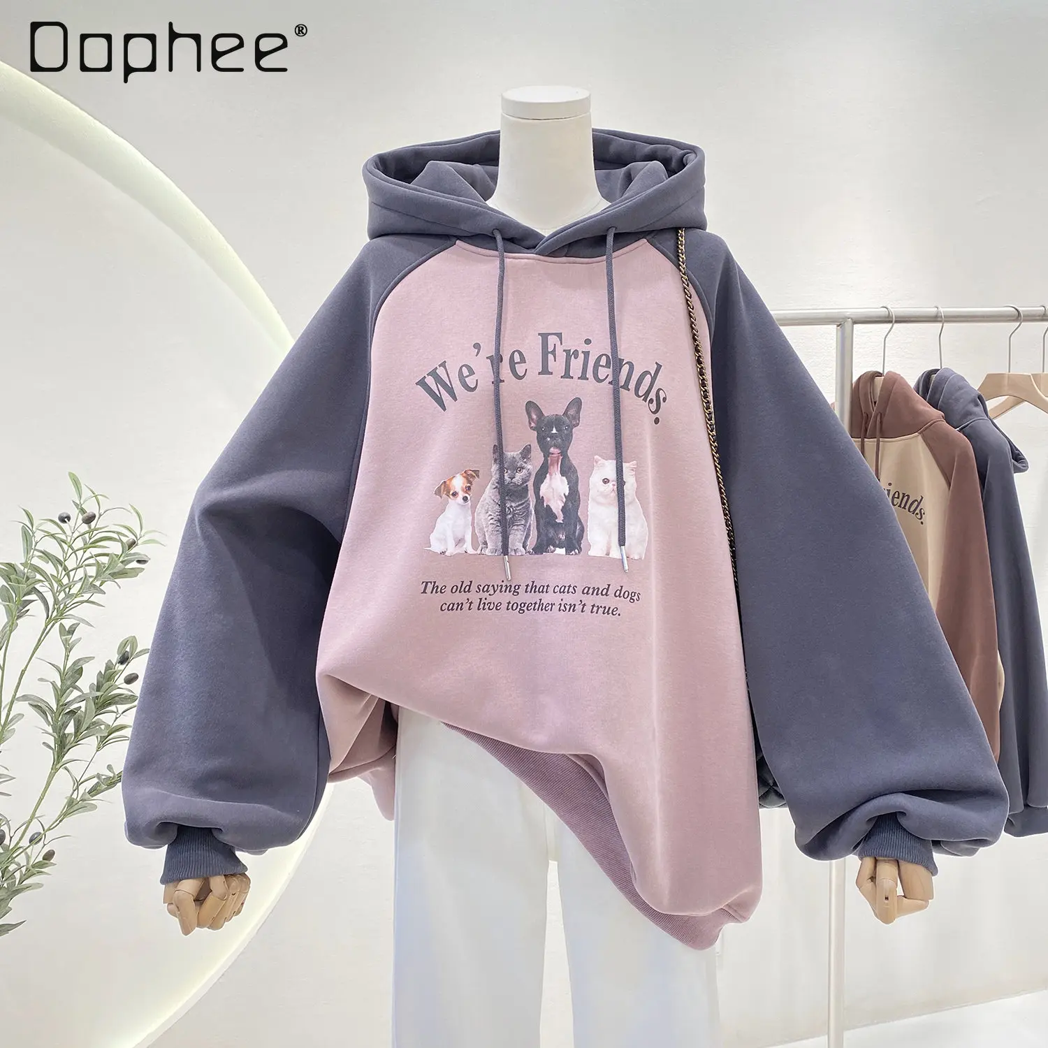 

Korean Style Cartoon Dog Print Loose Hooded Sweatshirt Women's 2022 Autumn and Winter New Velvet Padded Thickened Hoody Coat