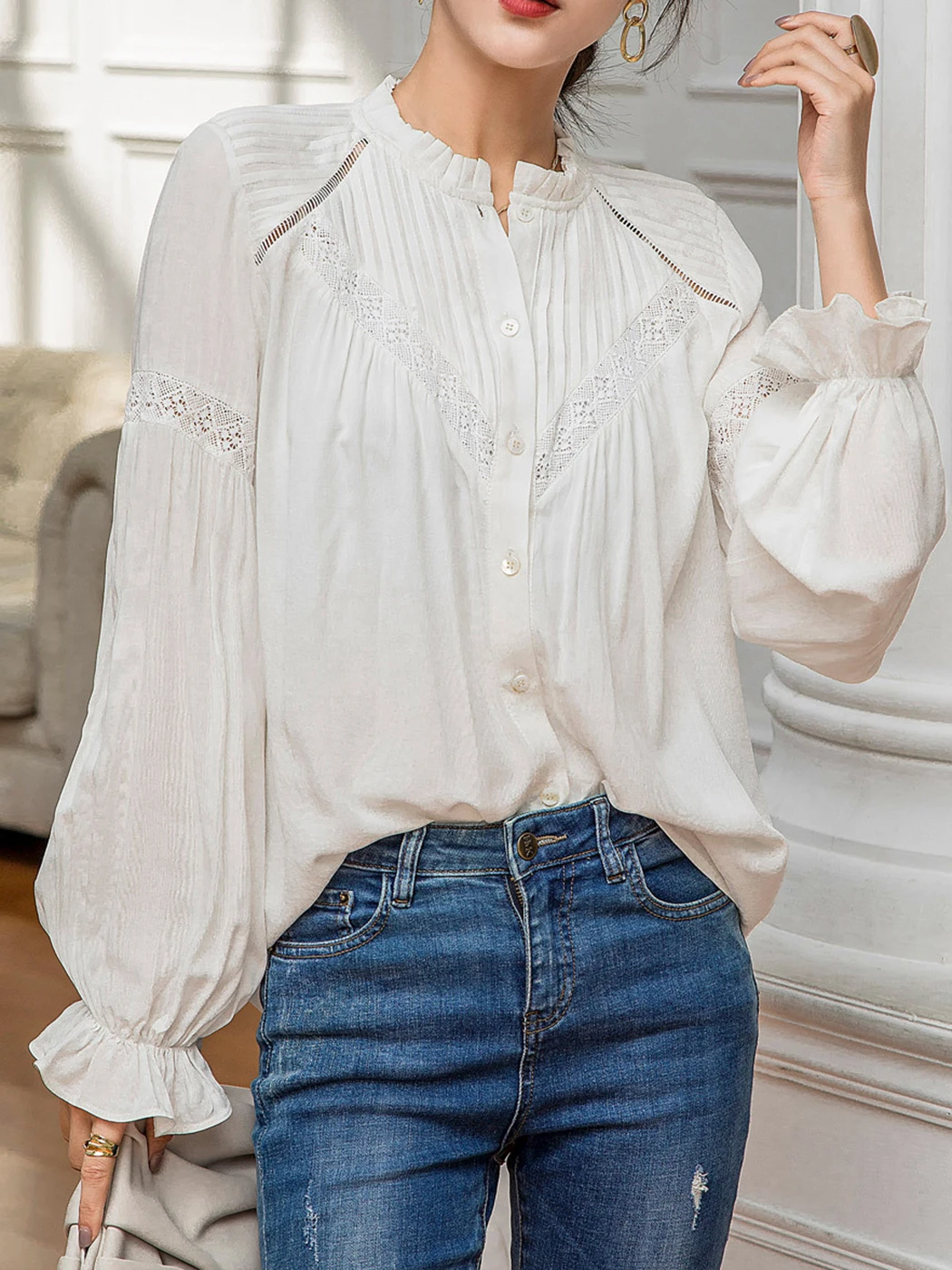 

2022 Vintage Elegant Commute French Blouses Women Lace Patchwork Long Sleeve Autumn Cardigan Tops Fashion White Shirts Female