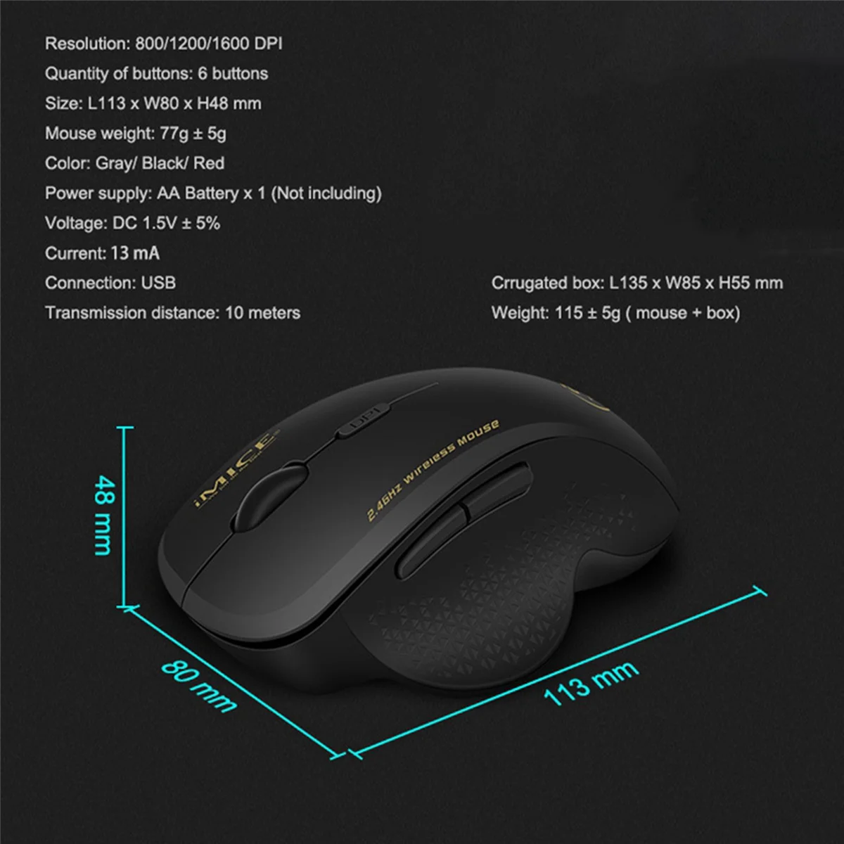 Беспроводная эргономичная игровая мышь 6 клавиш 1600 DPI