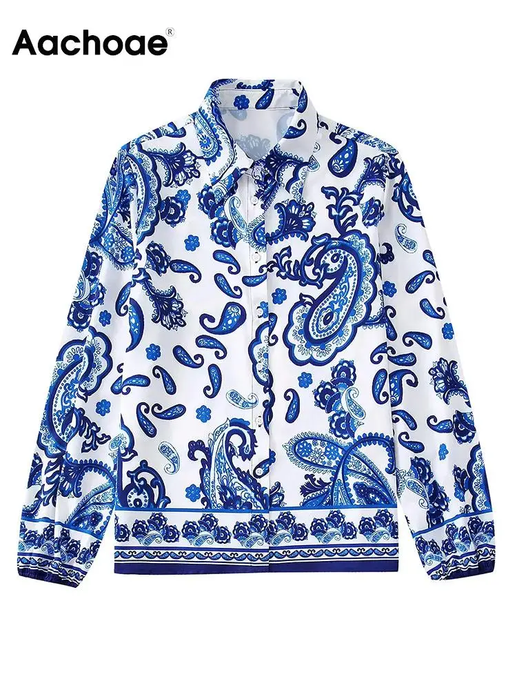 

Женские повседневные блузки с цветочным принтом Aachoae, рубашки, модные рубашки с отложным воротником и длинным рукавом, топы, женская рубашка...