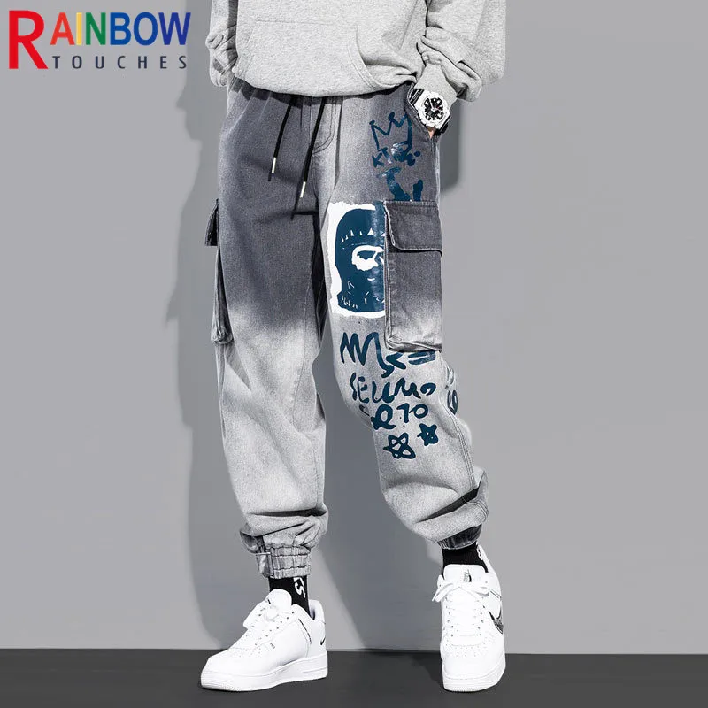 

Rainbowtouches 2022 Tidal Current Brand Mens Jeans High Street Fashion Trousers Loose Letter Hole Pants Safari Style Overalls