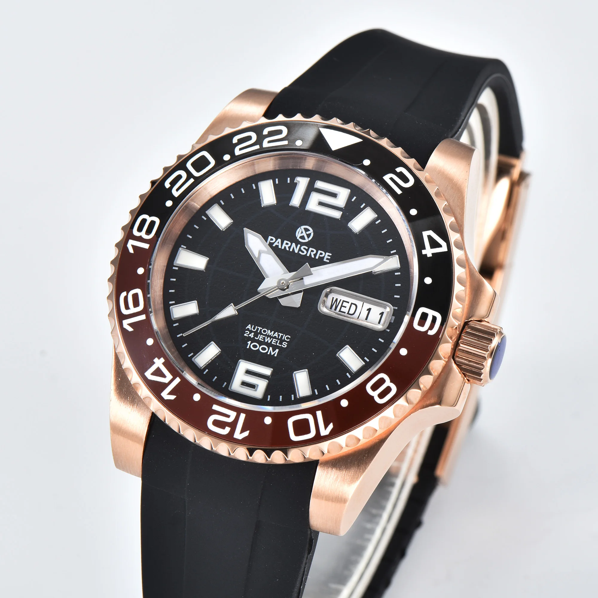

Часы наручные PARNSRPE 40 мм, автоматические часы Seiko NH35 с черным циферблатом, индикатор Даты, цвет розовое золото, чехол, нержавеющая сталь, водонепроницаемые
