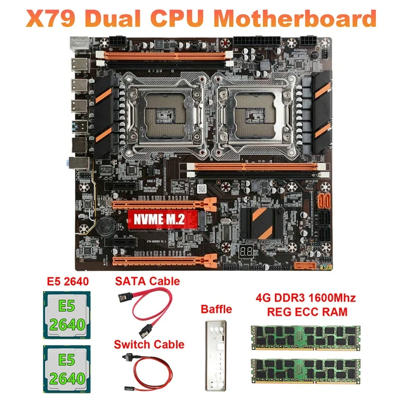 

Материнская плата X79 с двумя ЦП + 2X E5 2640 ЦП + 2x4 ГБ DDR3 1600 МГц RECC ОЗУ + SATA кабель + переключатель + перегородка LGA2011 M.2 NVME