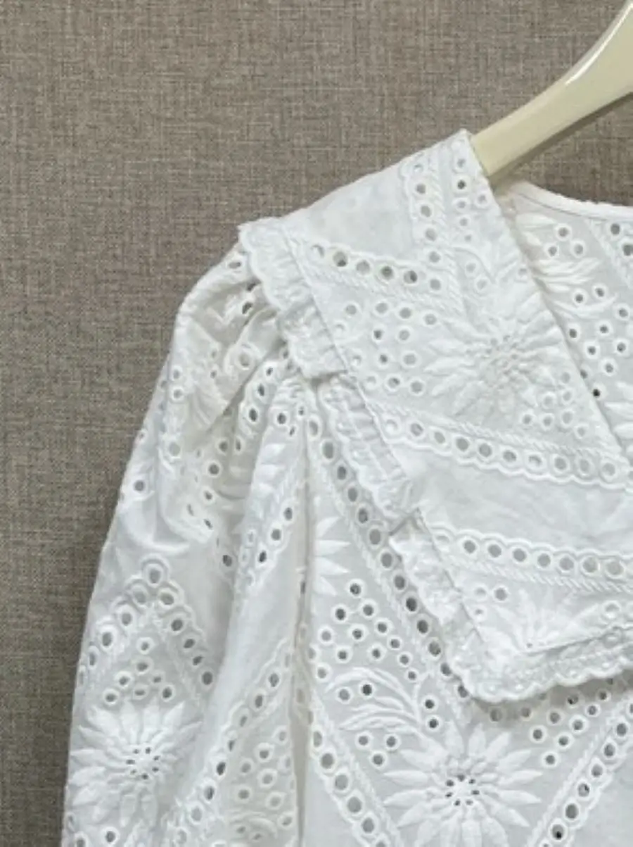 

Women Blouse Embroidery Hollow Out Peter Pan Collar Short Sleeve Single Breasted Sweet Shirt
