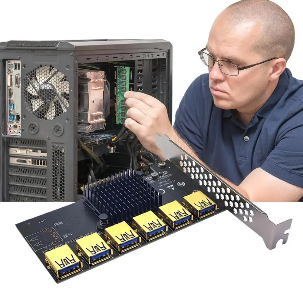 

Pci множитель Pcie от 1 до 6 USB 3,0, карта расширения для Pci X16, графическая карта Riser Eth, Майнер биткоинов, добавление на T8n5