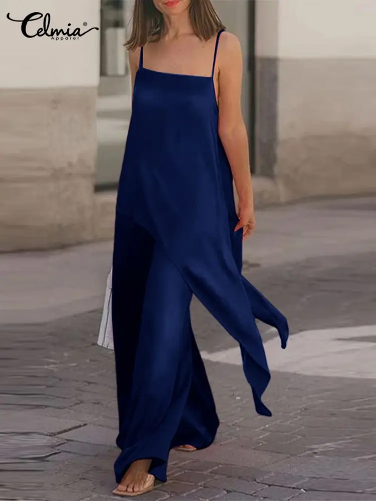 

Женский уличный костюм из двух предметов, Модный ассиметричный топ на бретелях Celmia и брюки с широкими штанинами, летние атласные комплекты ...