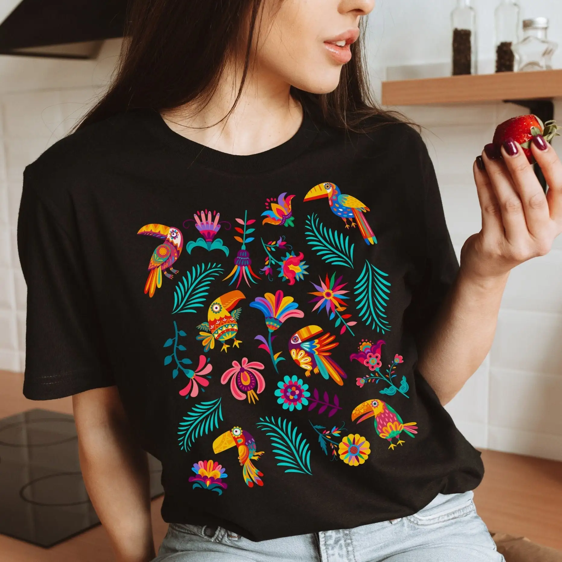 Красочные мексиканские туканы футболка в стиле отами птица винтажный цветочный