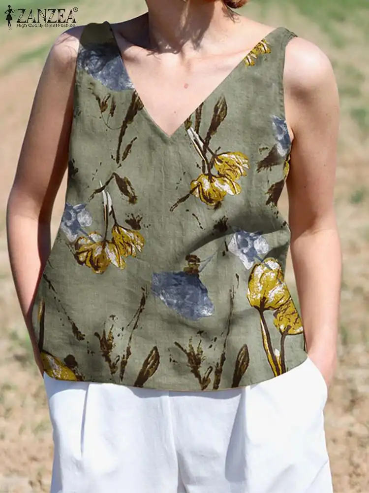 

ZANZEA Bohemian Floral Printed Blouse Summer Tanks Tops Women V Neck Sleeveless Holiday Shirt Female Casual Loose Beach Blusas