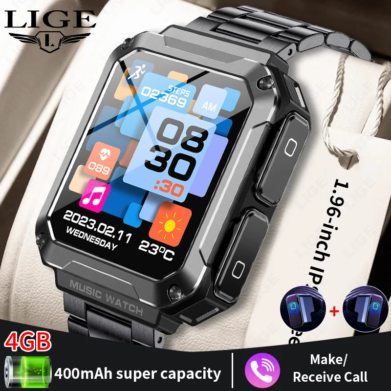 

LIGE New TWS Earphone Smart Watch 1.96inch 4GB Local Music Memory 400mAh Military Waterproof Men Watch health monitor Smartwatch