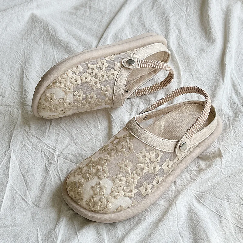 FAFA 2023 Summer New Japanese Two Wear Package Head Sandals Lace Breathable Soft Bottom Casual Hundred Hollow Flat Shoes Female