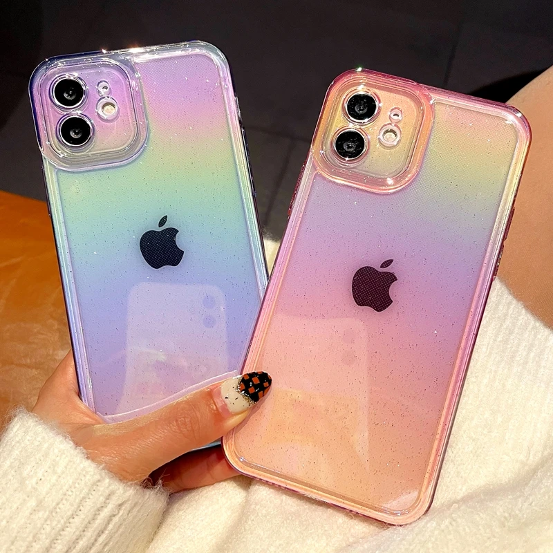 Soft Laser Rainbow Silicone Phone Case For iPhone14 13 12 11 Pro Max X XS XR 8 7 Plus SE Shockproof Transparent Bumper Back Cove