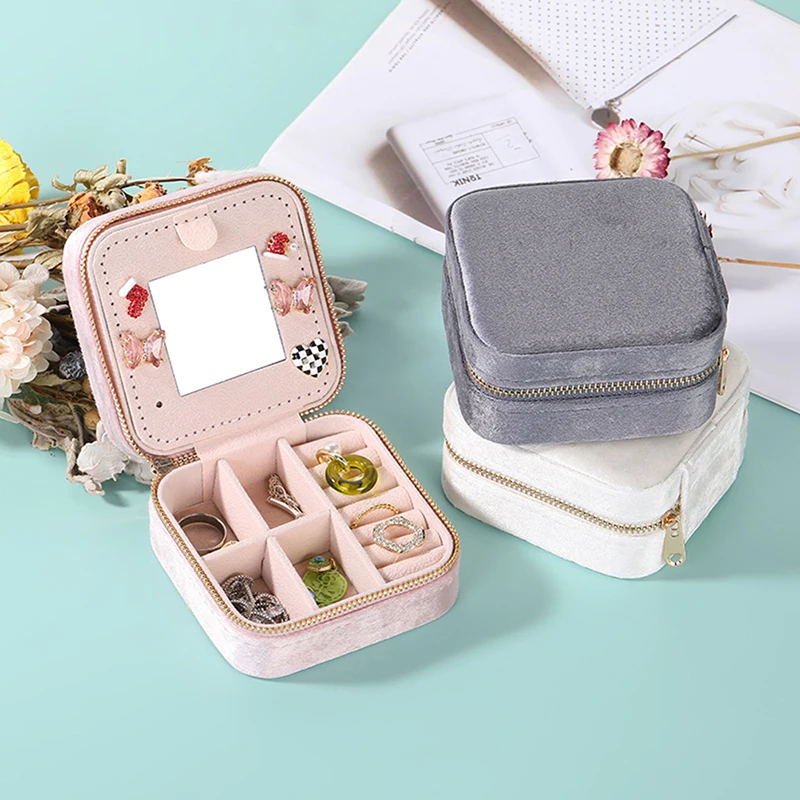 

Plush Velvet Small Jewelry Box Necklace Ring Storage Organizer Mini Jewelry Case Square Jewelry Travel Organizer For Women Girls