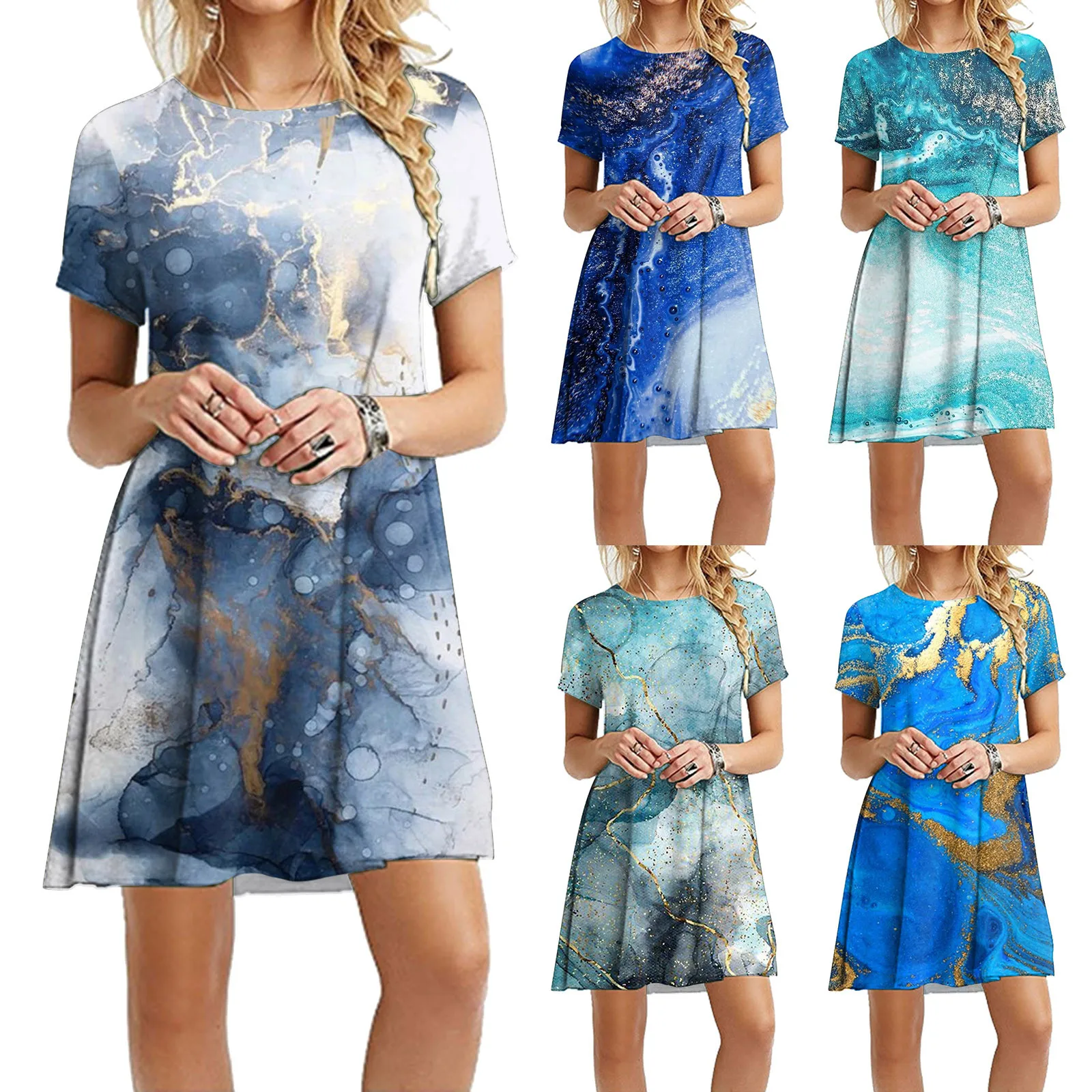 

Женское летнее Повседневное платье-туника с круглым вырезом, Пляжное мини-платье с коротким рукавом, платья с блестками