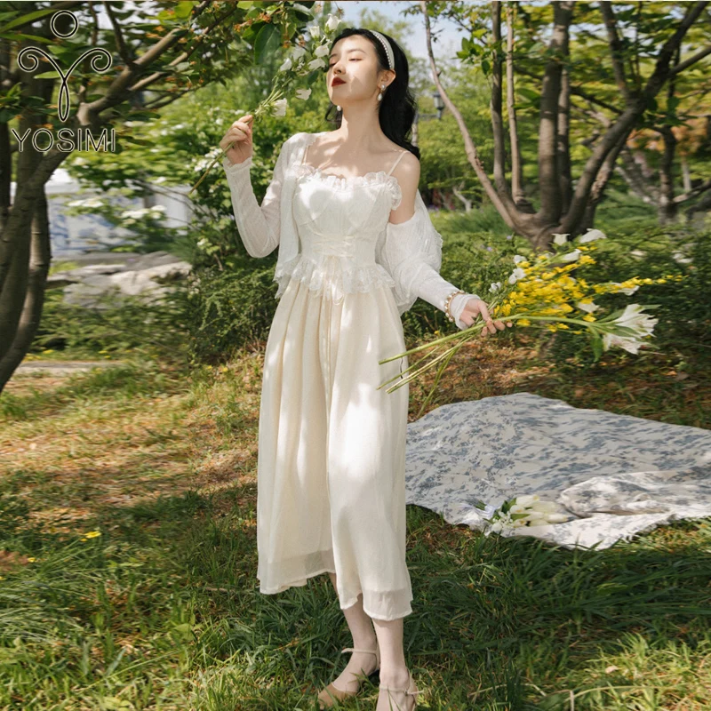 

Кружевное шифоновое белое длинное женское платье YOSIMI в стиле пэчворк, летняя пикантная кофта, вечернее праздничное платье до середины икры, комплект из 2 предметов, 2023