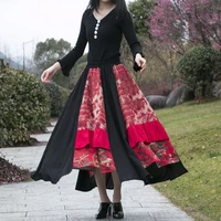 free shipping 2022 new fashion long maxi a line elastic waist women summer cotton linen big hem patchwork skirts black red