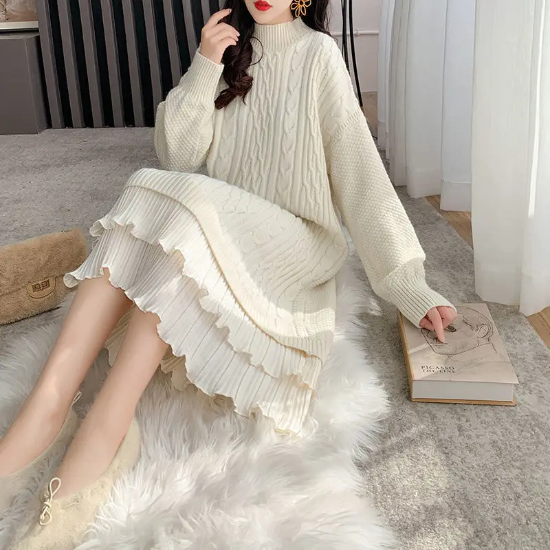 

Autumn and Winter Japanese and Korean Style New Mid-length Over The Knee Outer Wear Thick Inner Base Shirt Sweater Skirt Women