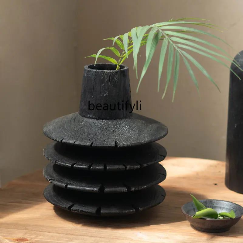 

yj Qiji Wind Black Corrugated Multi-Layer Solid Wood Flower Holder Vintage Solid Wood Vase Decoration