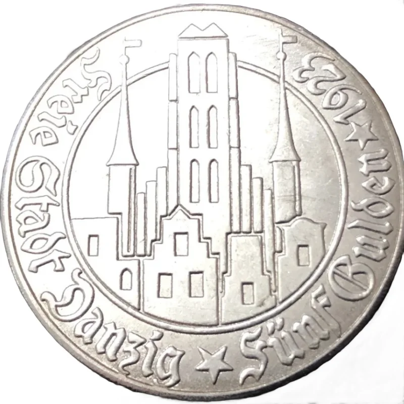 

Серебряная копия монеты 1923 года, Германия, Данциг, 5 гульденов