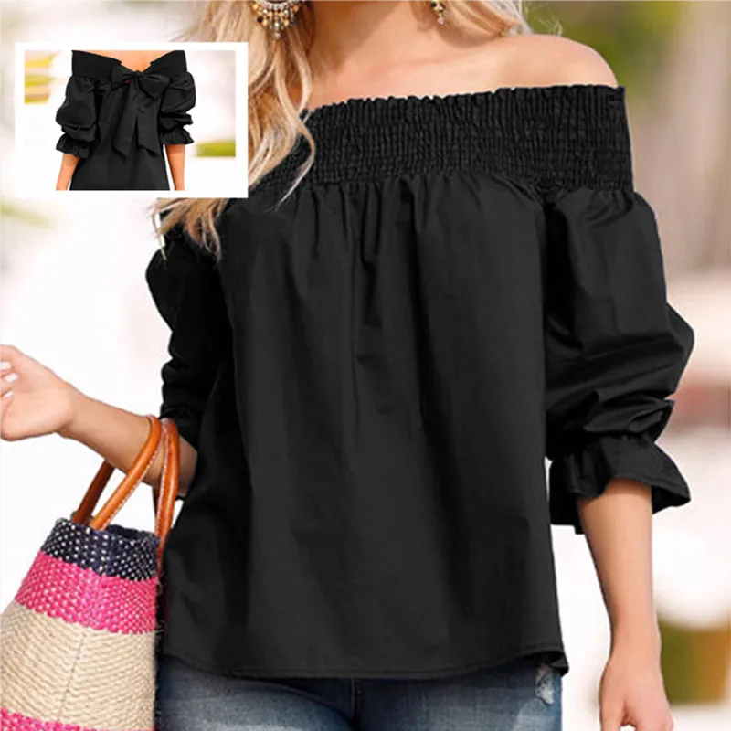 

Женская блузка без бретелек, с открытыми плечами и бантом