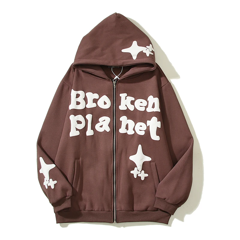 

Broken Moon Planet Foam Graffiti Zipper Hooded Hoodies for Men Fleece Casual Cardigan Coat Unisex Hip Hop Loose Sweatshirts