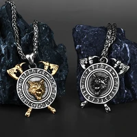 316l stainless steel vintage odin viking rune double axe viking wolf head necklace animal wolf head rune necklace jewelry