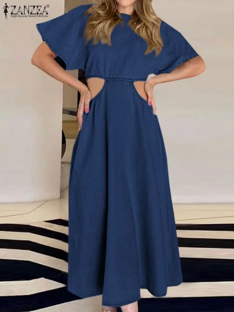 

Женское летнее праздничное платье-макси 2022, модное Синее джинсовое платье ZANZEA, повседневные ажурные платья, однотонные сексуальные платья ...