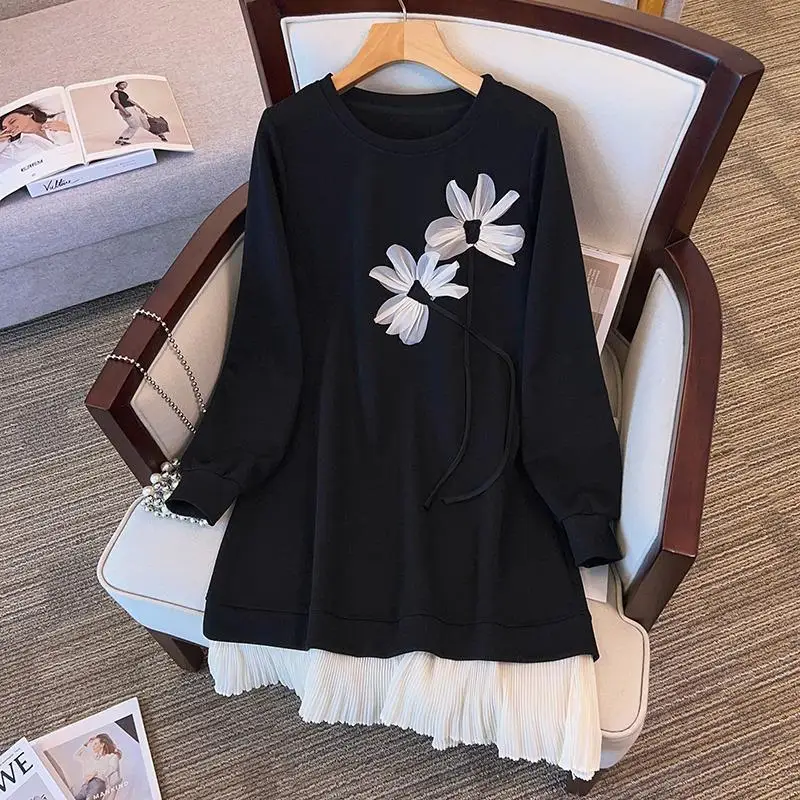 Модное печатное универсальное простое свободное платье с имитацией двух частей