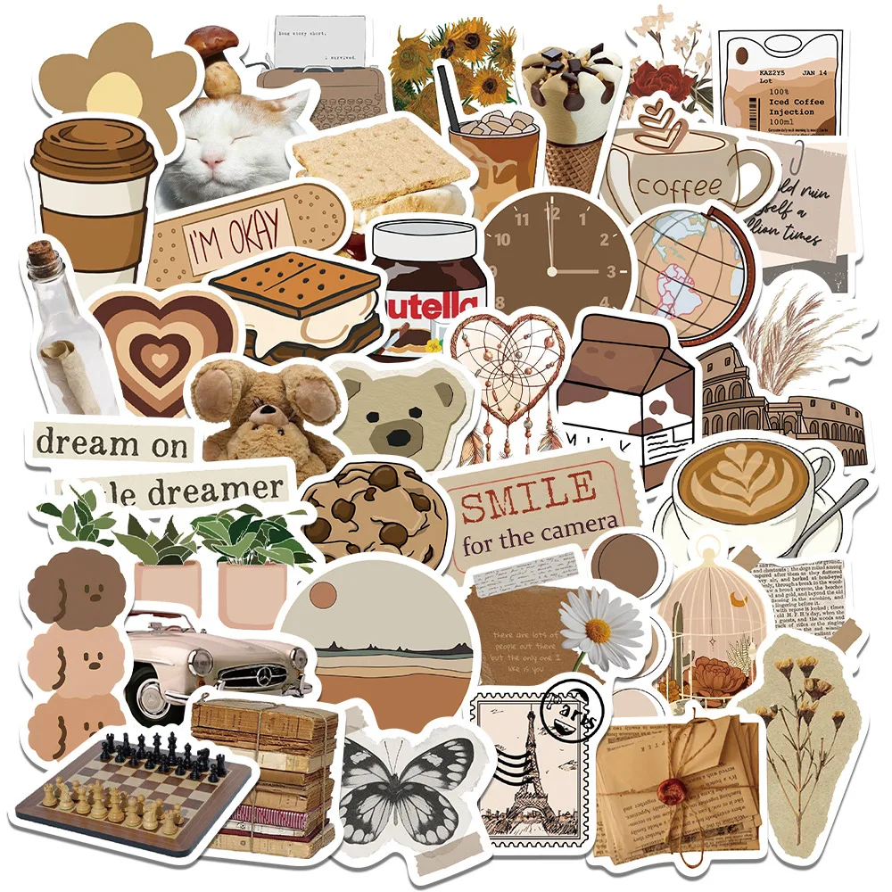 

Винтажные коричневые водонепроницаемые декоративные стикеры в стиле Ins, 10/60 шт., чемодан для телефона, ноутбука, чашка для воды, скейтборд, гитара, детские игрушки