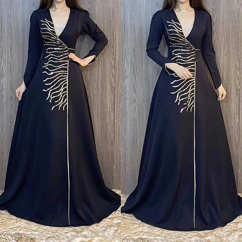 

Luxury Rhinestone African Dress for Women Kaftan African Clothing Slim Robe African Femme Evening Long Maxi Dress Africa Clothes