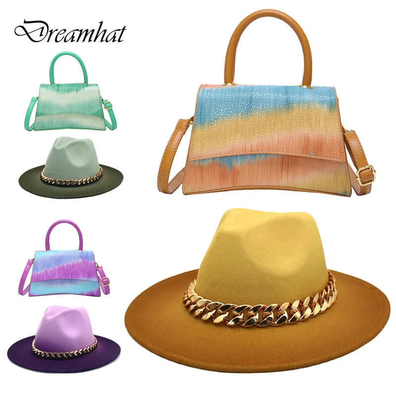 Women's Gradient Tie Dye Fedora and Bag Set Large Chain Jazz Cap Retro Luxury Fashion Hat Simple Grace Wide Brim Hat 2022 New
