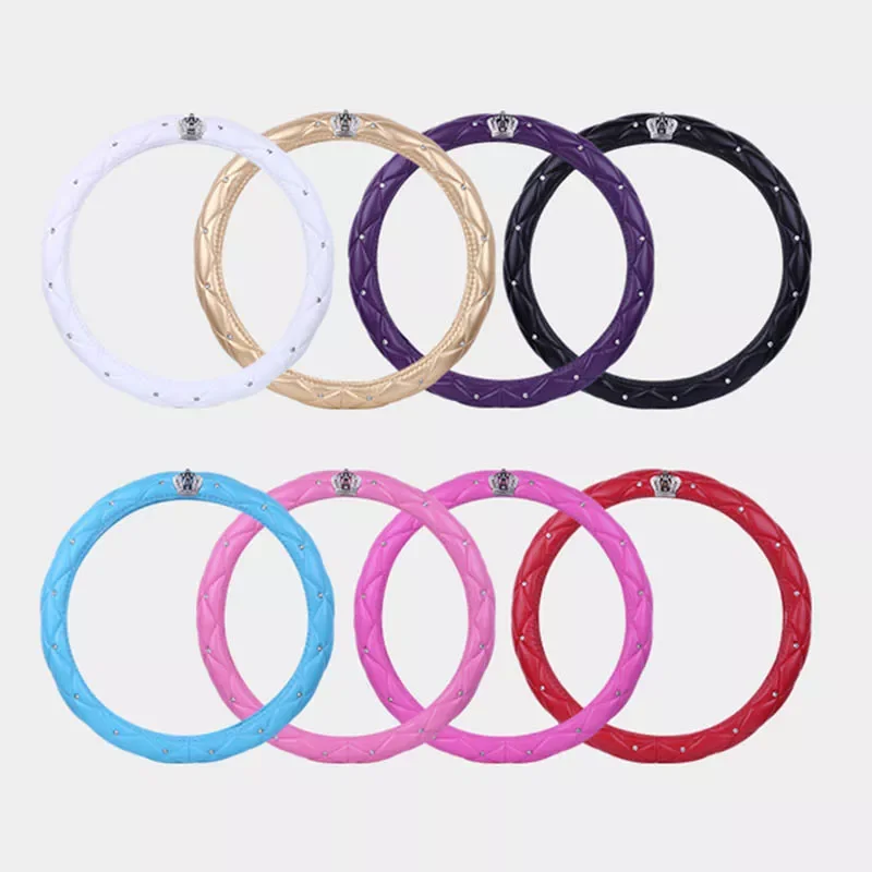 

Bling Rhinestone Car Steering Wheel Cover Leather Crown Auto Steering-Covers Handle Cases Diamond For Women Girls Styling Gadget