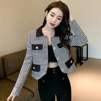 runway brand woolen tweed o neck jacket korean women sweet luxury elegant houndstooth coats outerwearwide leg trousers girl set