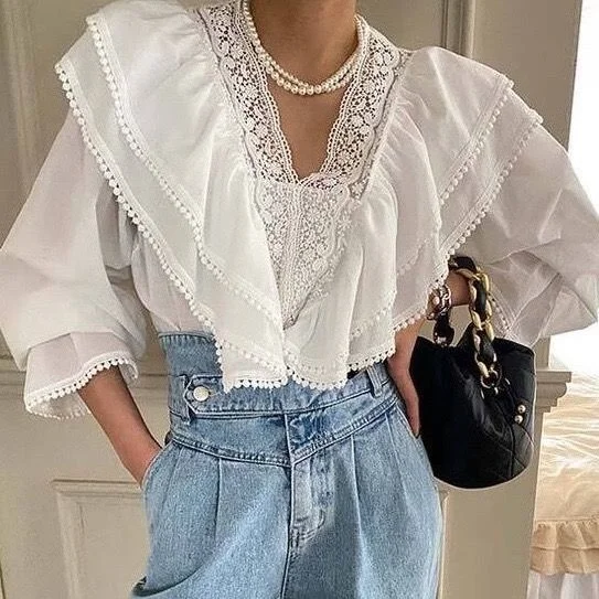 

Lace Lolita Korean Shirt Kawaii Clothes Fashion Chic Blouse Solid Color Commuter High Street Autumn New 2022