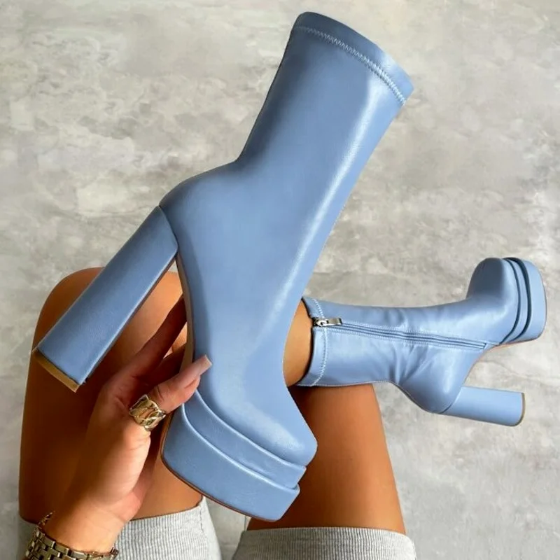 

Sexy Chunky High Heels Ankle Shoes for Women Punk Style Zipper Thick Platform Elasticity Microfiber Boots Women Shoes High Heels