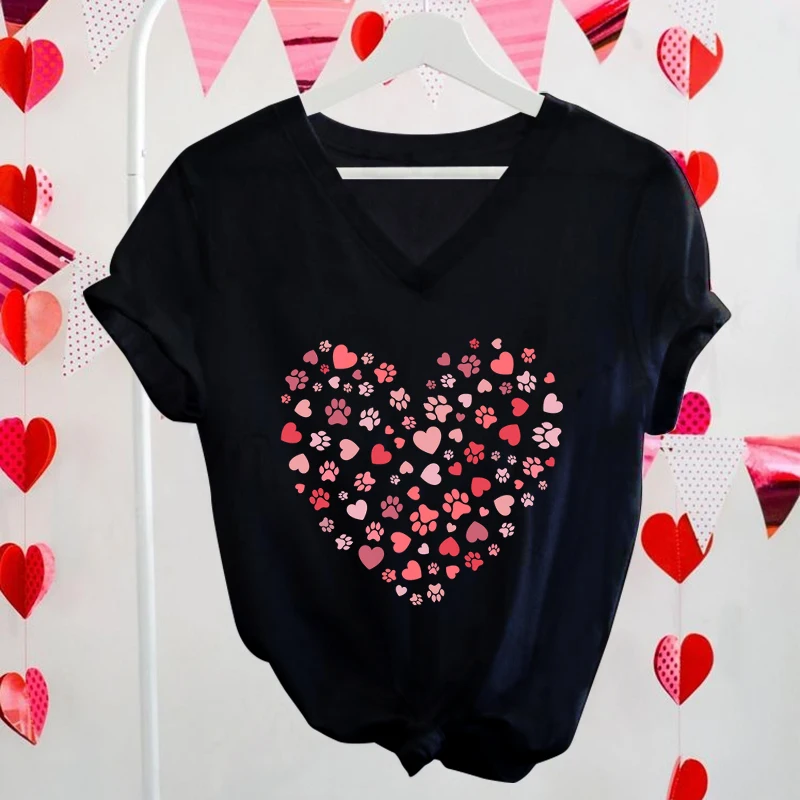 Valentines Day Paw Heart Fashion T-shirts Animal Lover Gift Cute Print Cat and Dog V-neck Short Sleeve T-shirt