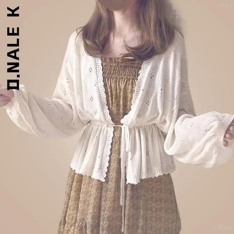 

D.Nale K Loose Lace-up Sweet Batwing Sleeve Vintage Cardigan Women New Spring Korean Style Knitted Sweaters Sun-protection
