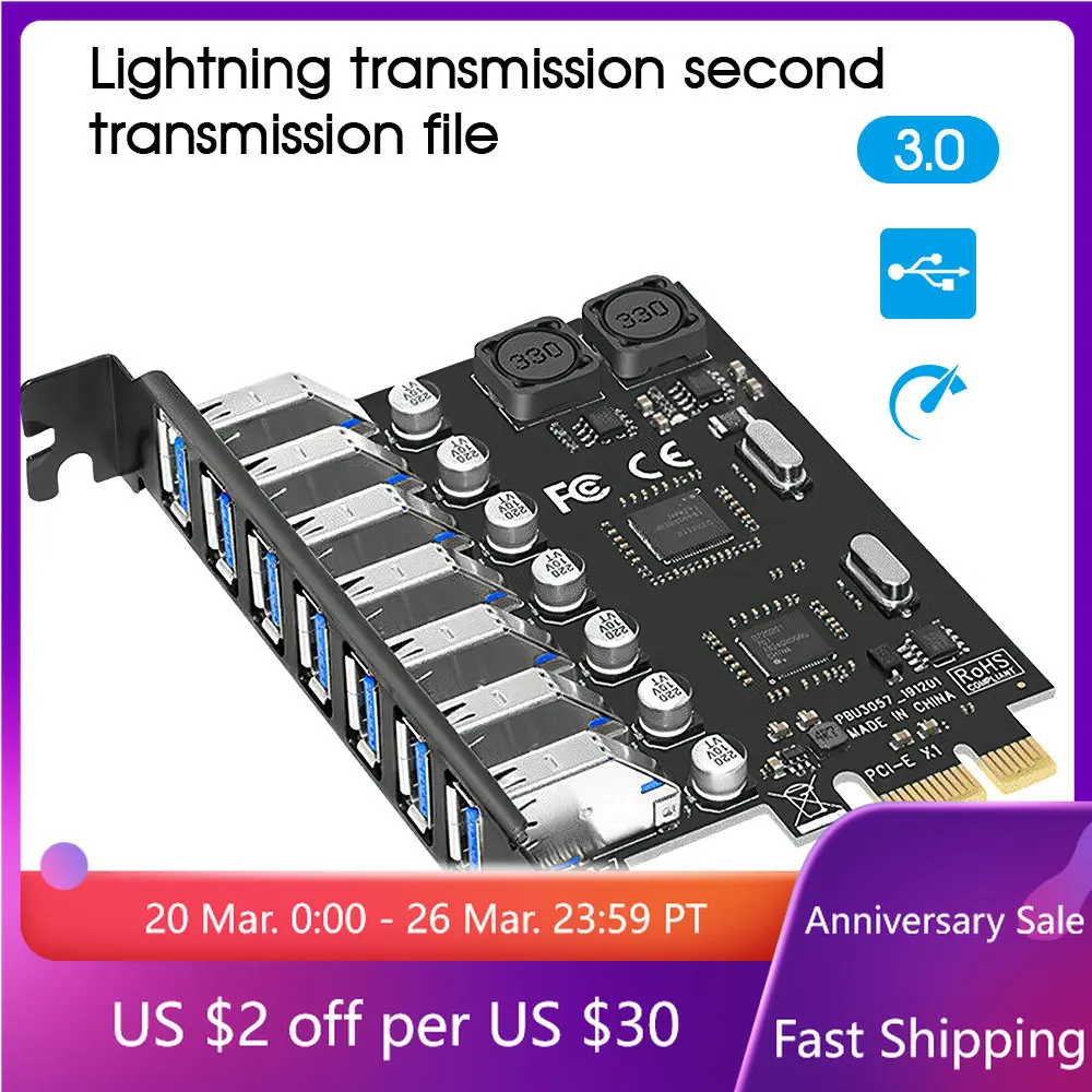 

PCI-E To USB 3 0 Expansion Card 7-port High-speed Desktop Usb3 0 Add on Cards 400 MB/s Rear NEC Free External Power Supply
