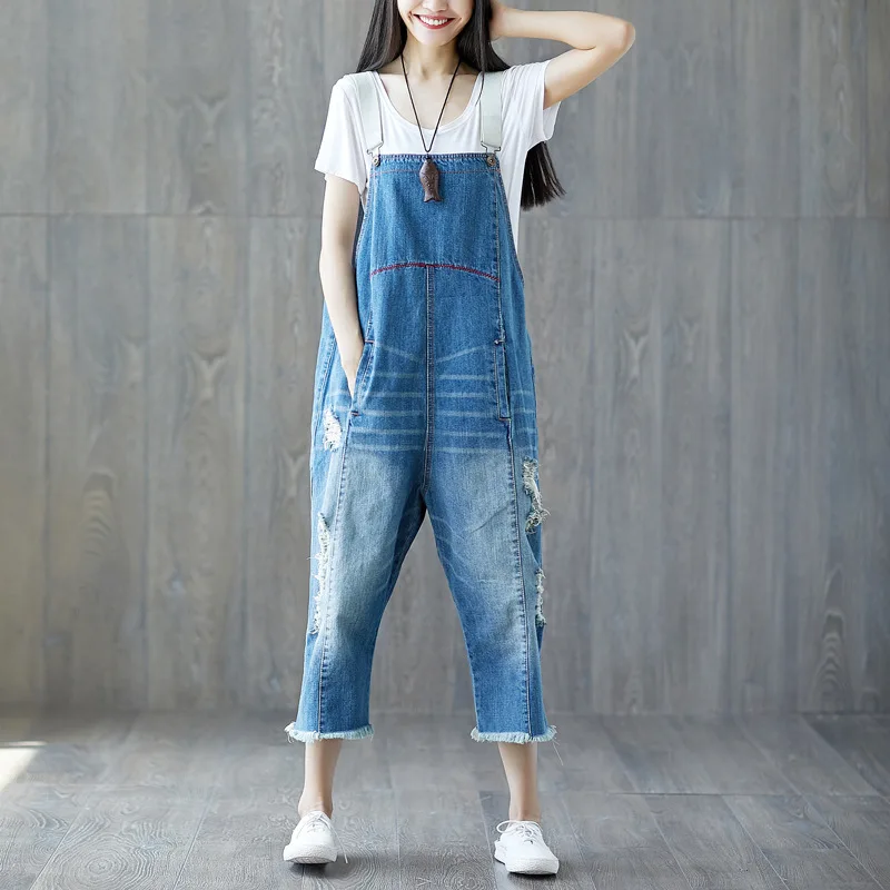 

Summer Cotton Jeans Jumpsuit Overalls Tassel Personality Wash Retro Hole Nine Sexy Slim Solid Color Pants Women's Clothing 2022