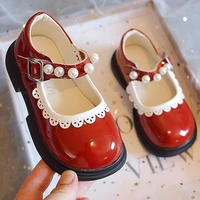 childrens lace small leather shoes autumn new girls pearl cute single shoes soft soled velcro princess shoes