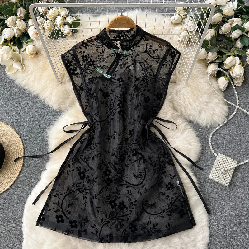 

Hikigawa Chic Fashion Woman Dress Stand Collar Mesh Cheongsam Style Mini Dresses For Women Elegant Vintage Vestidos Mujer