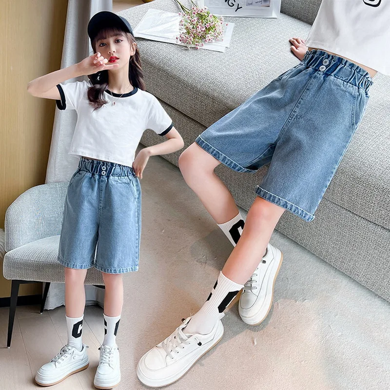 

Шорты джинсовые для девочек, модные короткие джинсовые штаны принцессы, однотонные, до колена, летняя одежда