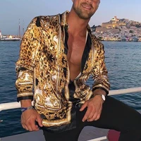 2022 fall new mens fashion shirts long sleeves vintage leopard print button square neck slim tops casual hawaiian streetwear