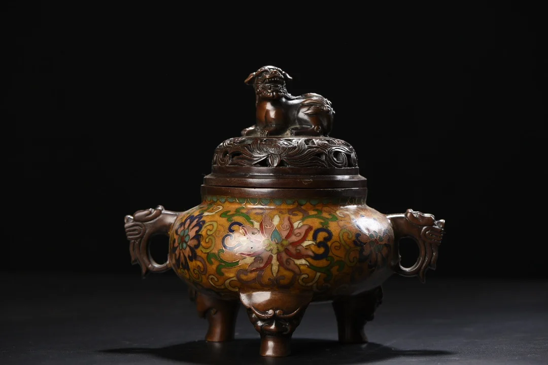 

8"Tibetan Temple Collection Old Bronze Cloisonne Enamel Lion Statue Dragon Ear Three legged incense burner Worship Hall
