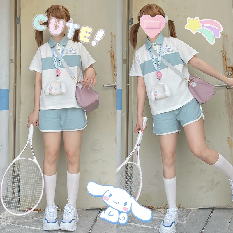 

Повседневный Спортивный костюм Kawaii Cinnamoroll Kuromi Sanrios, Женский студенческий костюм Jk, облегающий костюм, шорты с коротким рукавом, костюм-двойк...
